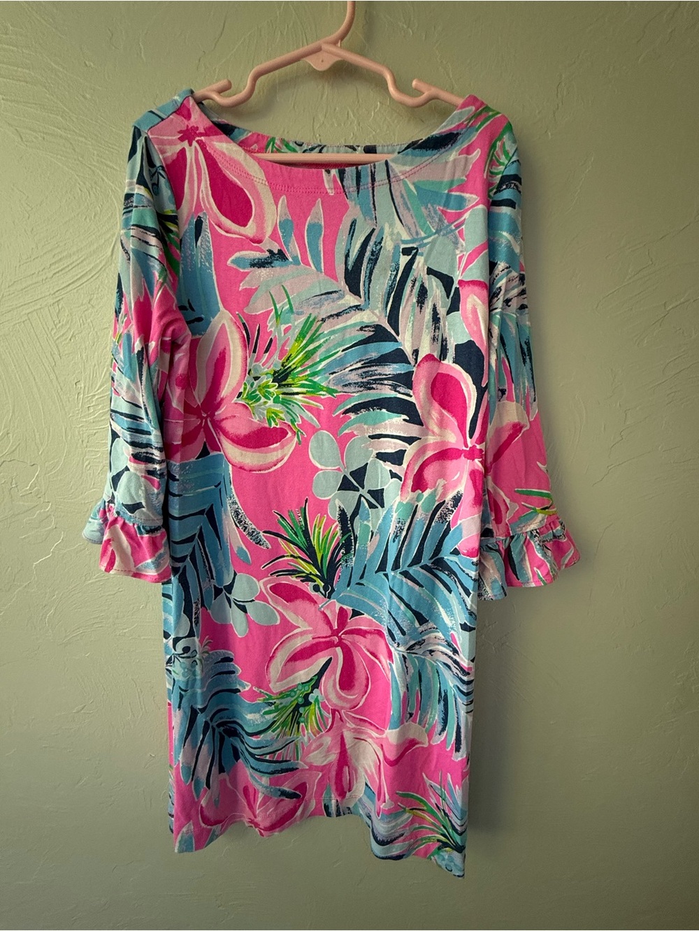 Lilly Pulitzer Girls Dress Size 8-10 Pink Blue Floral Tropical Ruffle Sleeve